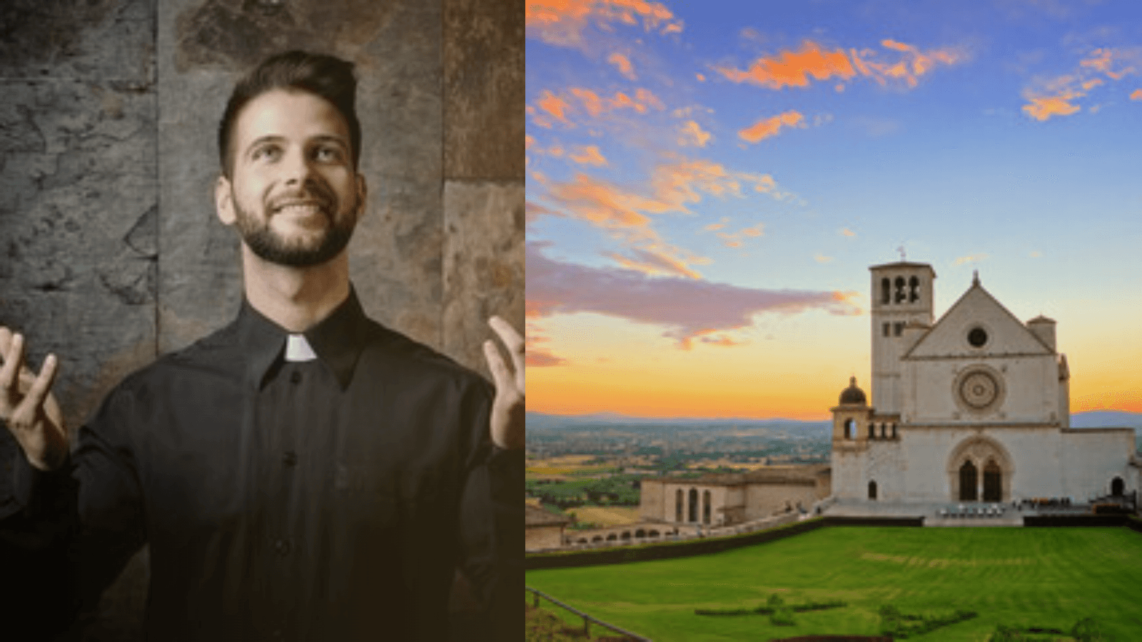 A priest with hands raised beside a sunlit basilica at dusk, evoking renewed public interest in Catholicism
