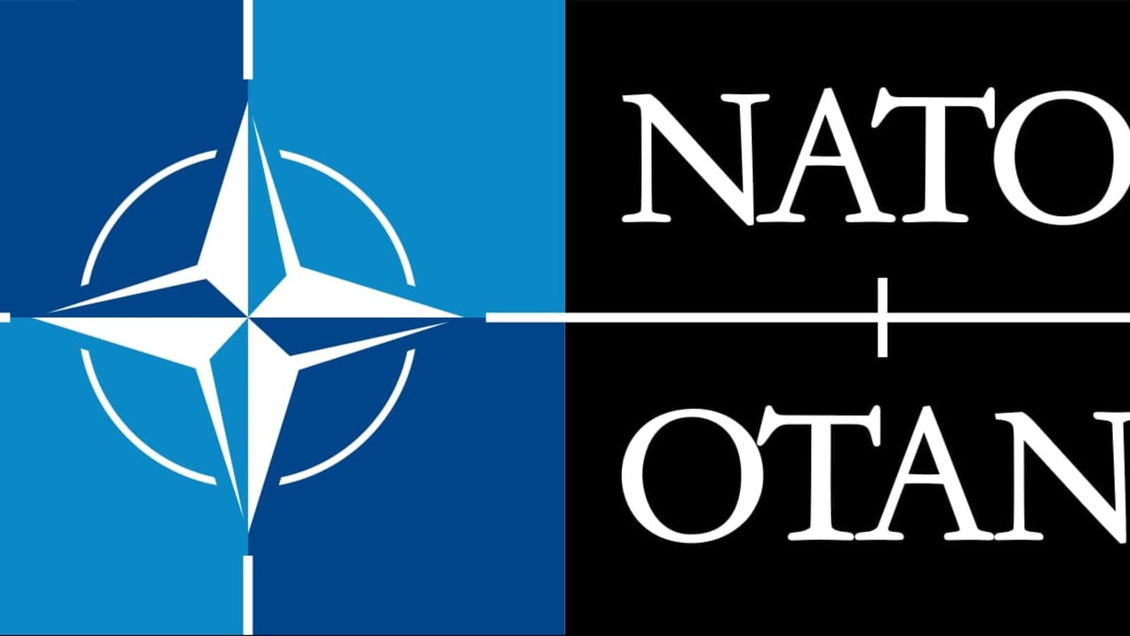 The NATO and OTAN emblem, a compass star inside a circle, on a split blue and black background
